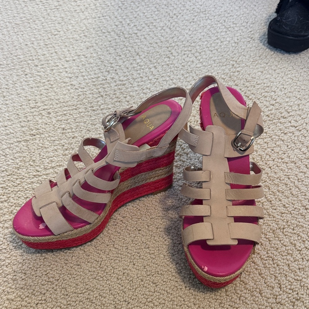 Aqua Pink and Tan Wedge Sandals